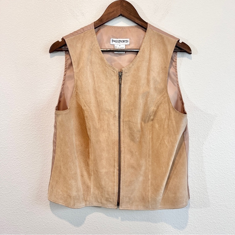 Passports Suede Leather Vest Tan Zip Front Sleeveless Lined Women’s Medium M